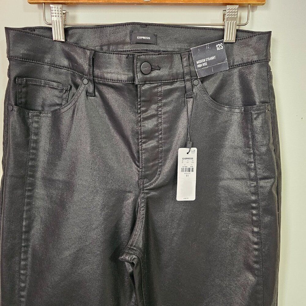NWT EXPRESS BLACK MODERN STRAIGHT HIGH RISE LEATHER LOOK PANTS SIZE 12 SHORT - Picture 9 of 16
